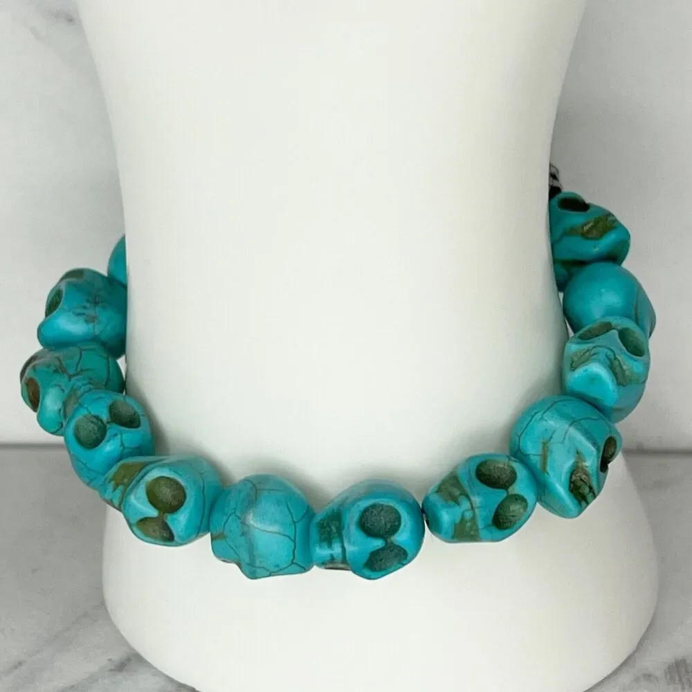 Faux Turquoise Skull Rhinestone Beaded Stretch Bracelet
